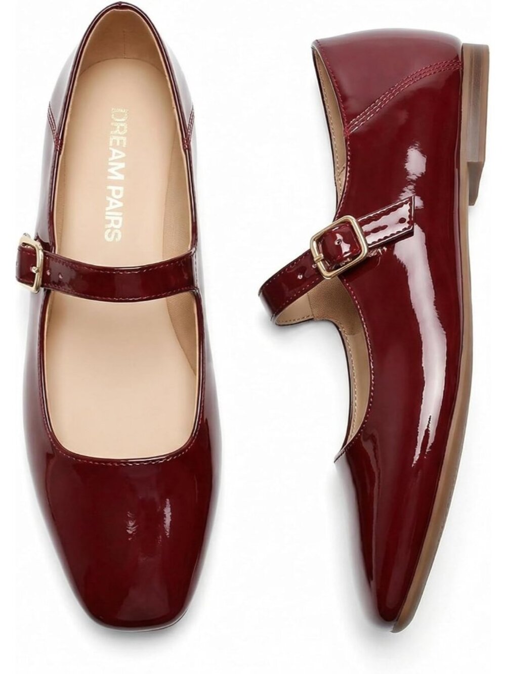 Dream Pairs Women's Burgundy Square Toe Mary Jane Flat Buckle Strap Casual Work